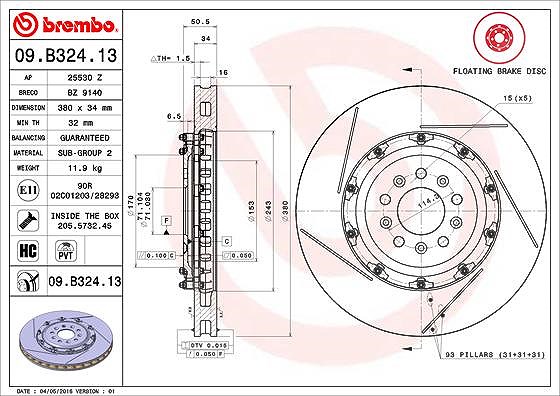 Brembo 1x Bremsscheibe [Hersteller-Nr. 09.B324.13] für Aston Martin