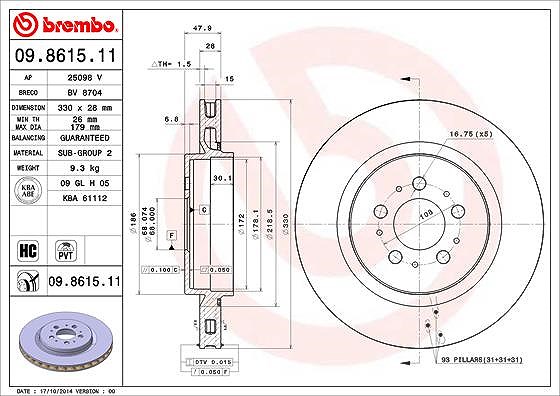 Brembo 1x Bremsscheibe [Hersteller-Nr. 09.8615.11] für Volvo
