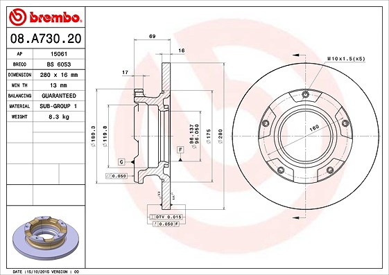 Brembo Bremsscheibe Hinterachse voll [Hersteller-Nr. 08.A730.20] für Ford