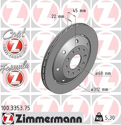 Zimmermann 1x Bremsscheibe Hinterachse Links [Hersteller-Nr. 100.3353.75] für Audi