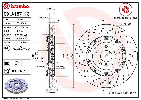 Brembo 1x Bremsscheibe [Hersteller-Nr. 09.A187.13] für Nissan