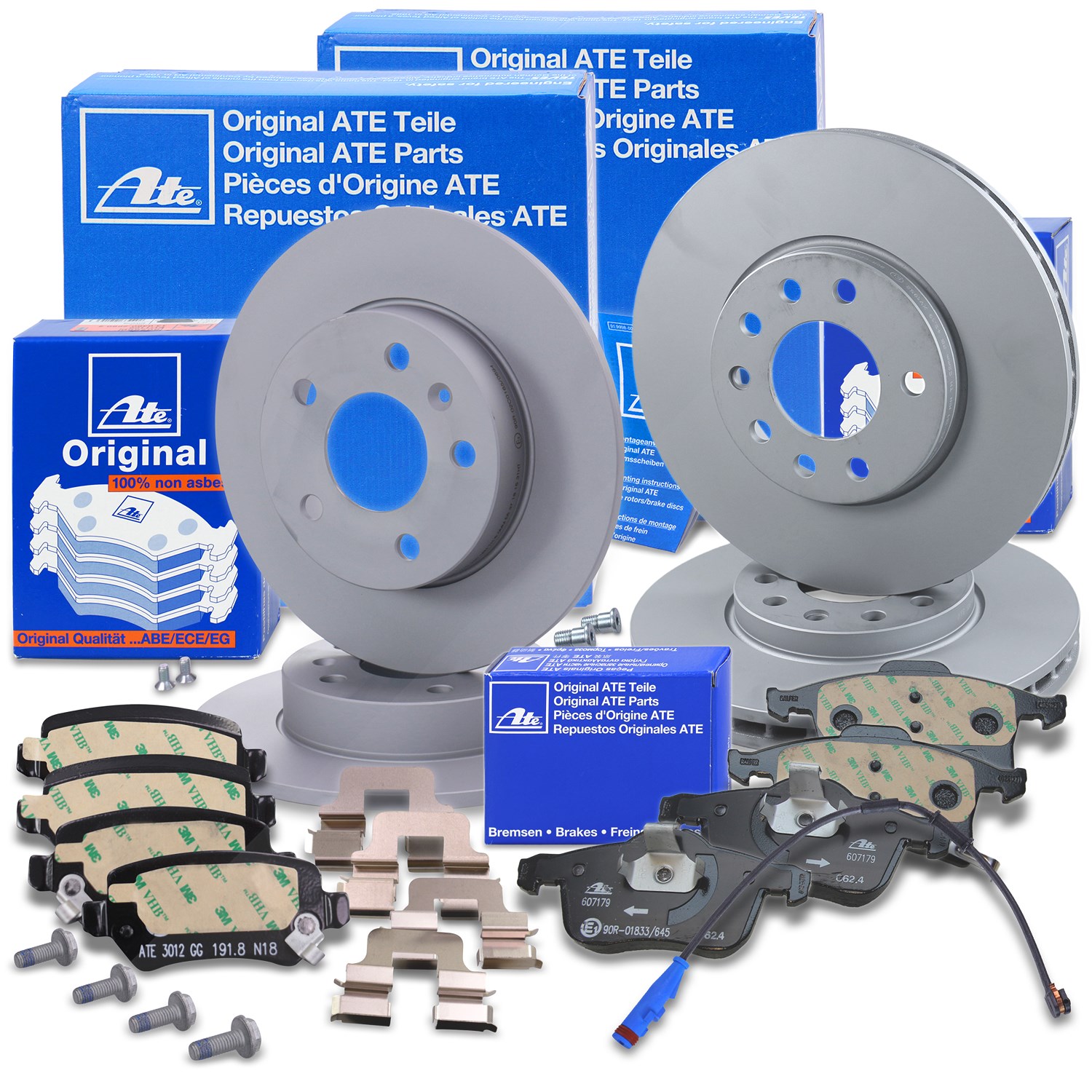 Ate Bremsscheiben +Bremseläge +Warnkontakt Vorne+Hinten [Hersteller-Nr. 40369783] für Opel