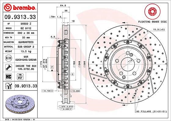 Brembo 1x Bremsscheibe [Hersteller-Nr. 09.9313.33] für Mercedes-Benz