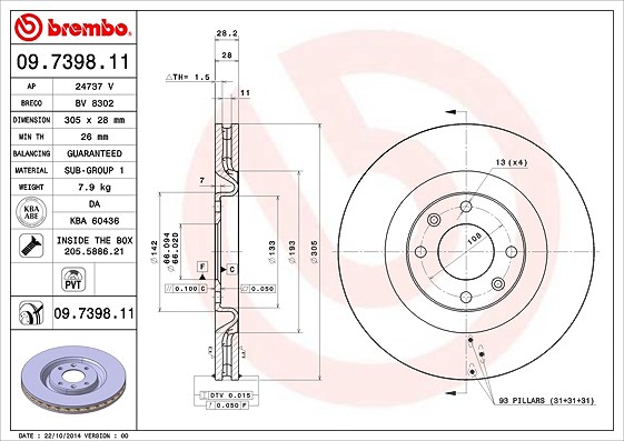 Brembo Bremsscheibe [Hersteller-Nr. 09.7398.11] für Peugeot