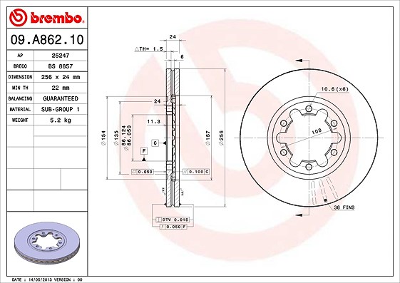Brembo Bremsscheibe Vorderachse Belüftet [Hersteller-Nr. 09.A862.10] für Ford, Mazda