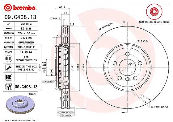 Brembo 1x Bremsscheibe belüftet vorne rechts [Hersteller-Nr. 09.C408.13] für BMW