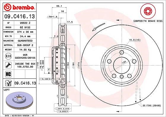 Brembo 1x Bremsscheibe belüftet vorne links [Hersteller-Nr. 09.C416.13] für BMW