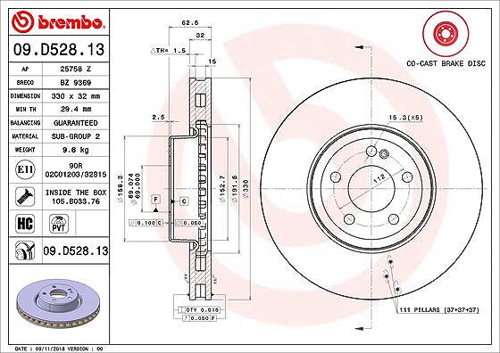 Brembo 1x Bremsscheibe [Hersteller-Nr. 09.D528.13] für Mercedes-Benz