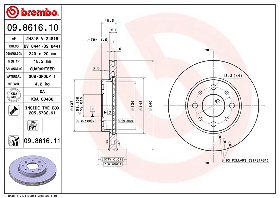 Brembo Bremsscheibe belüftet vorne [Hersteller-Nr. 09.8616.11] für Fiat, Ford