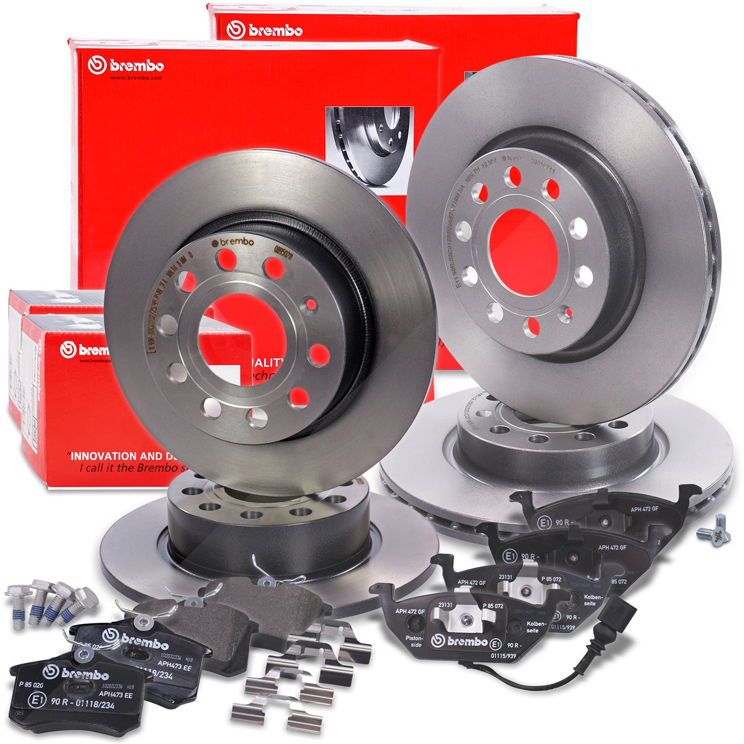Brembo Bremsscheiben +Bremsbeläge vorne+hinten [Hersteller-Nr. 10702235] für Audi, Skoda, VW, Seat