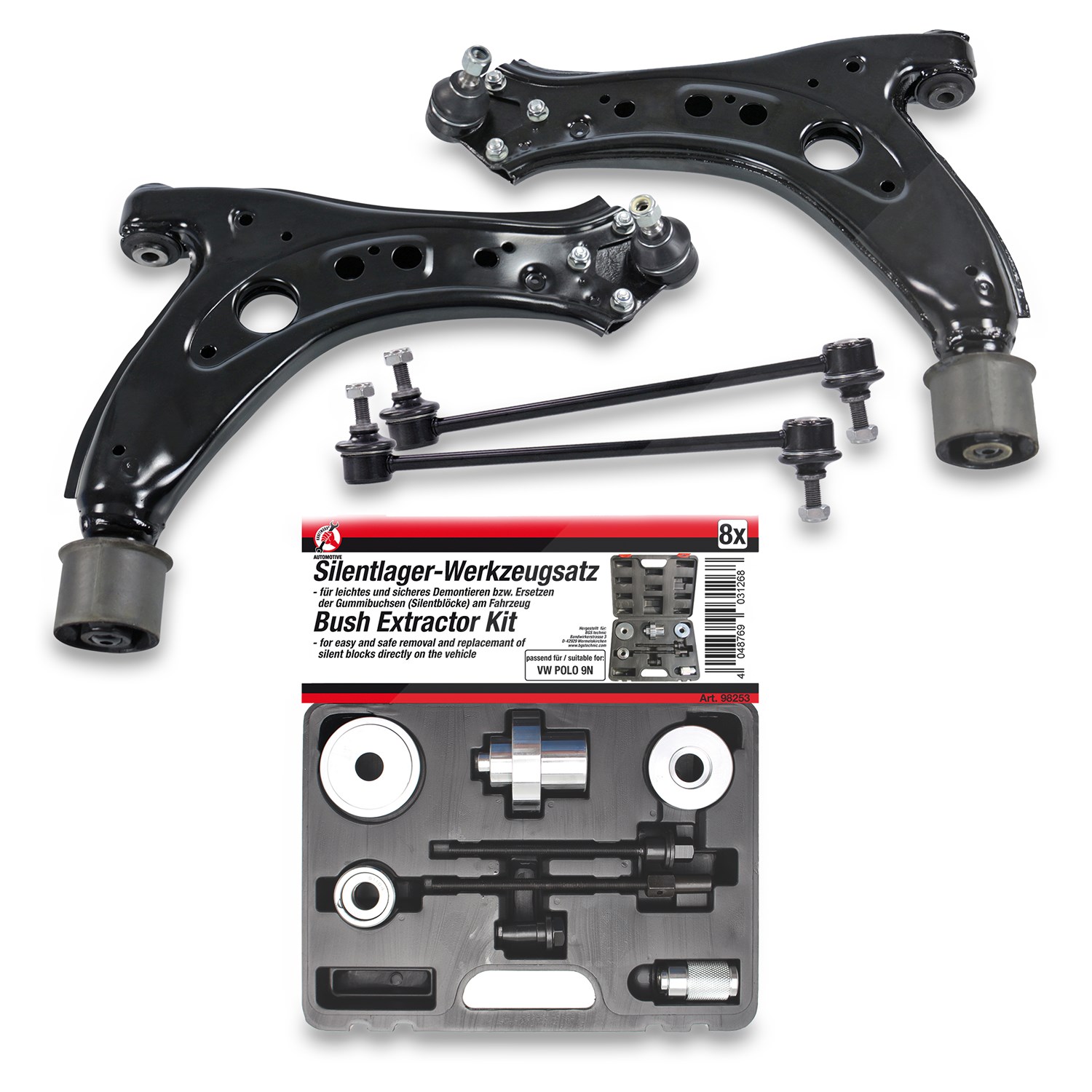 Bestprice 2x Querlenker +Koppelstangen +BGS DIY Silentlager-Werkzeugsatz [Hersteller-Nr. 40379264] für Seat, Skoda, VW