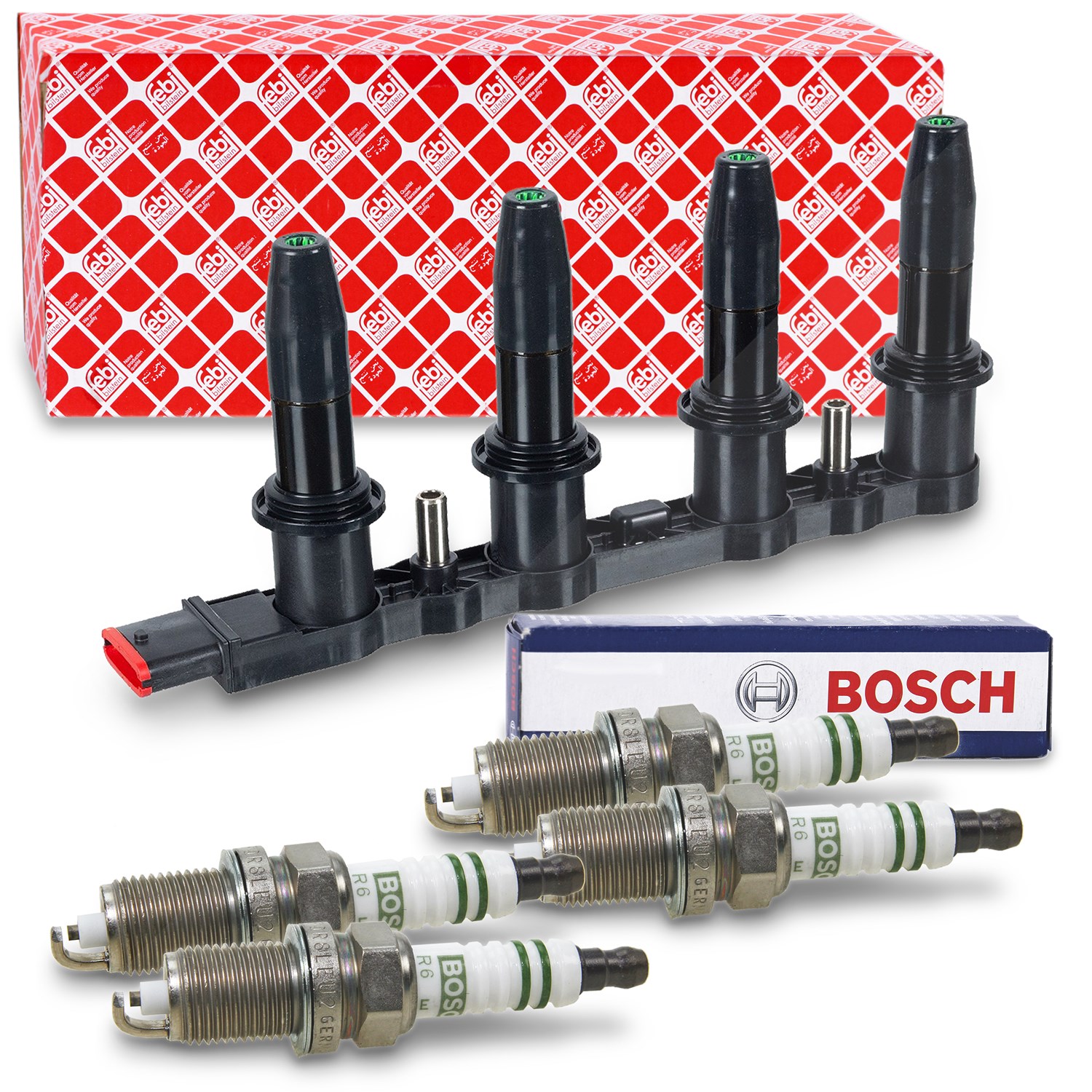 Febi Bilstein Zündspule + 4x Zündkerze [Hersteller-Nr. 40379396] für Saab, Opel, Fiat, Alfa Romeo