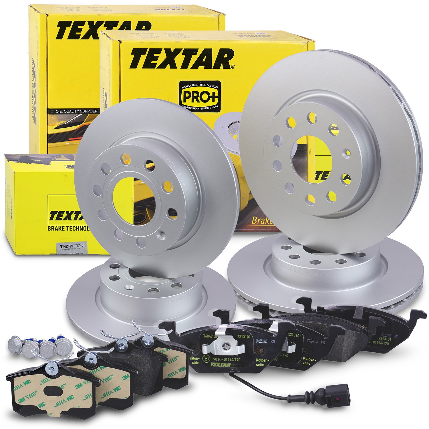 Textar Bremsscheiben +Bremsbeläge vorne+hinten [Hersteller-Nr. 40391442] für VW, Seat, Audi, Skoda