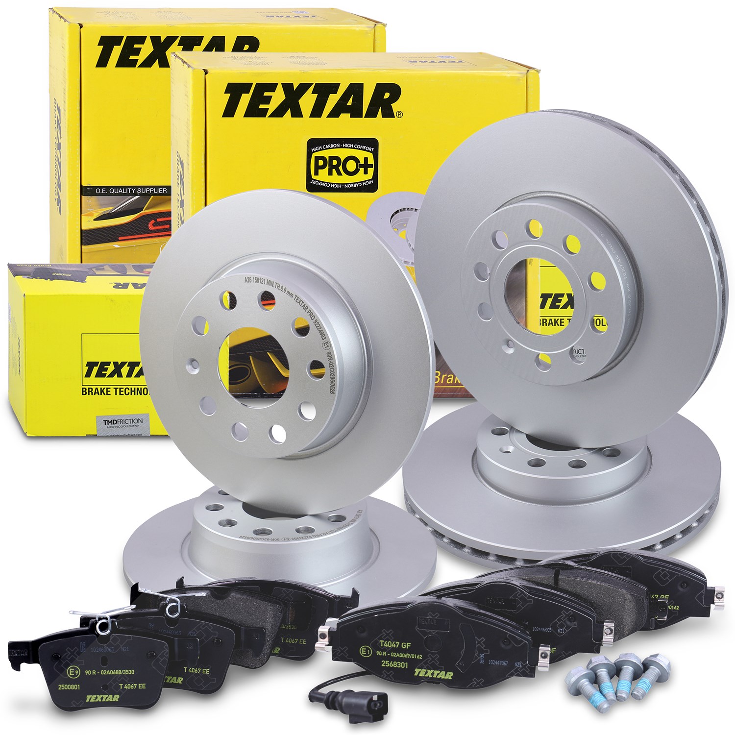 Textar Bremsscheiben +Bremsbeläge vorne+hinten [Hersteller-Nr. 40391486] für Cupra, Audi, Seat, Skoda, VW