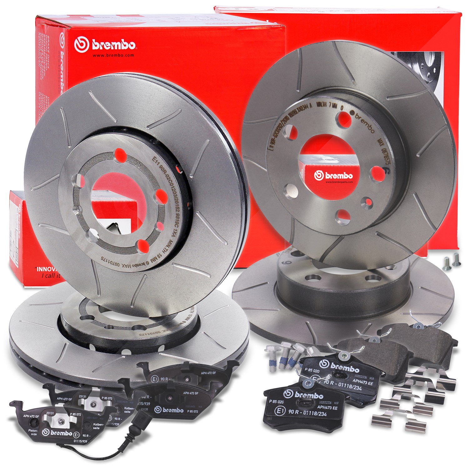 Brembo Bremsscheiben +Bremsbeläge vorne+hinten [Hersteller-Nr. 40436527] für VW, Audi, Seat, Skoda