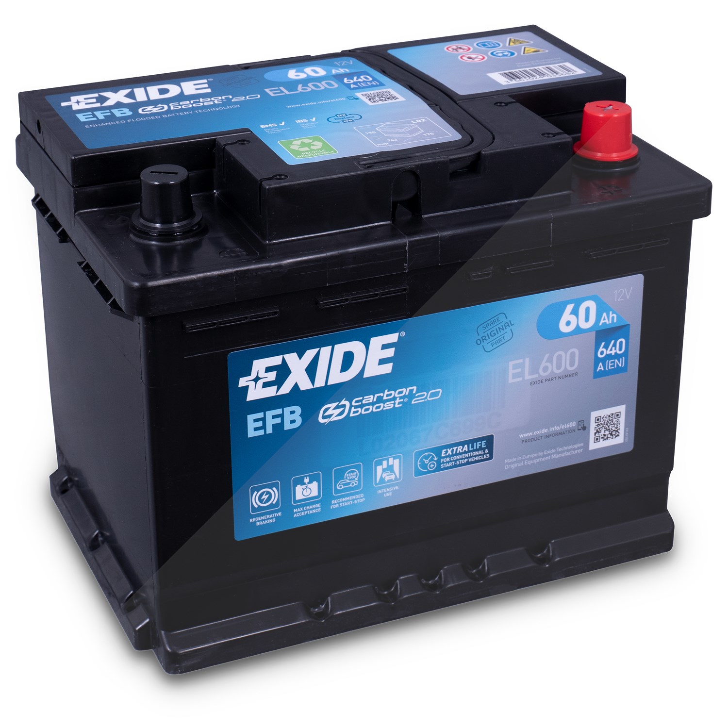 Exide EL600 EFB Starterbatterie 60Ah 640A [Hersteller-Nr. EL600] für Venturi, Lada, Cupra, Mitsubishi, Ford, Land Rover, Ferrari, Ford Australia, Merc