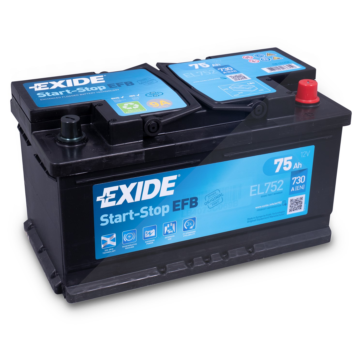 Exide EL752 EFB Starterbatterie 75Ah 730A [Hersteller-Nr. EL752] für Porsche, Alpina, Audi, Land Rover, Lancia, Nissan, Alfa Romeo, BMW, Mercedes-Benz