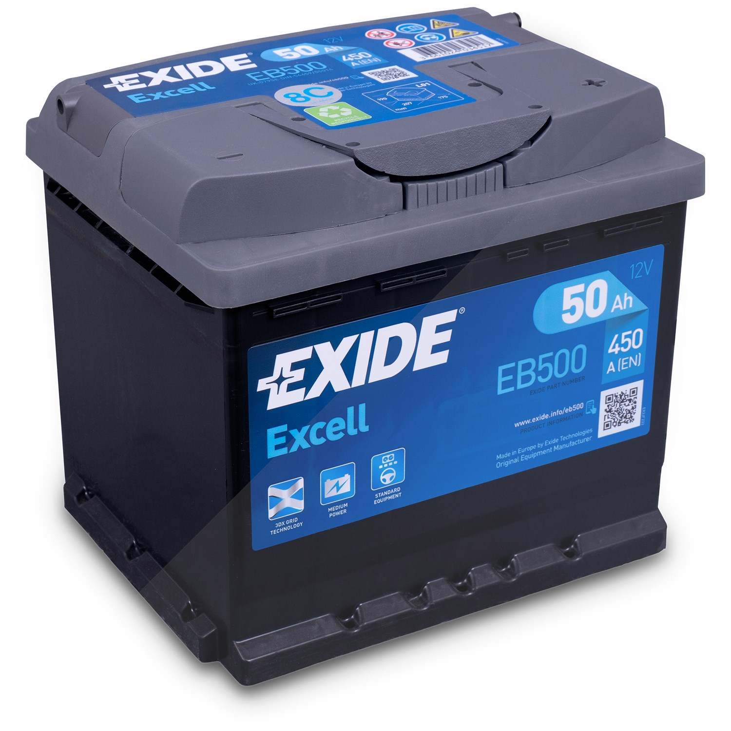 Exide Excell EB500 Starterbatterie 50Ah 450A [Hersteller-Nr. EB500] für Lotus, Mg, Audi, Toyota, Peugeot, Autobianchi, Austin, Daf, VW, Streetscooter,