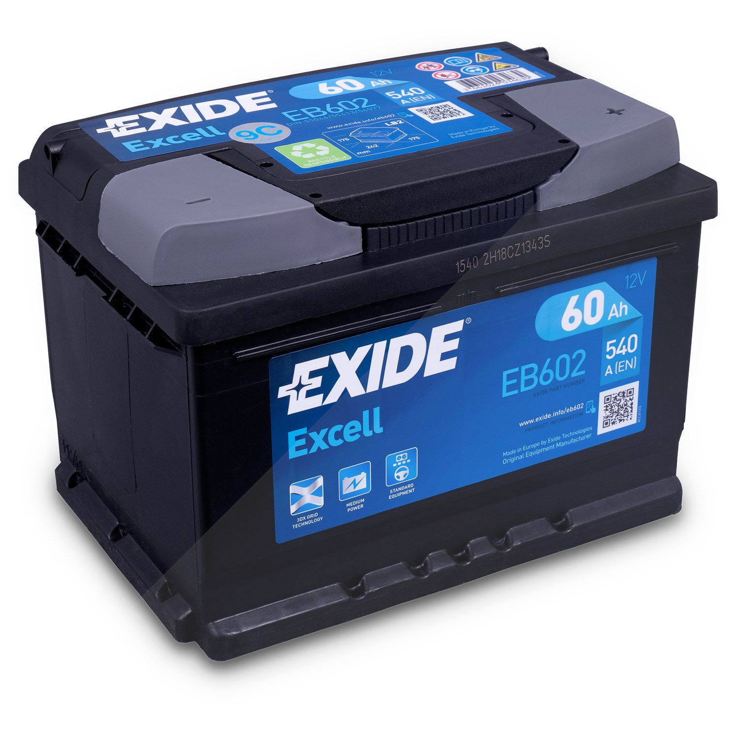 Exide Excell EB602 Starterbatterie 60Ah 540A [Hersteller-Nr. EB602] für Cadillac, Rover, Vauxhall, Opel, Ford Usa, Porsche, Seat, VW, Mini, Aston Mart