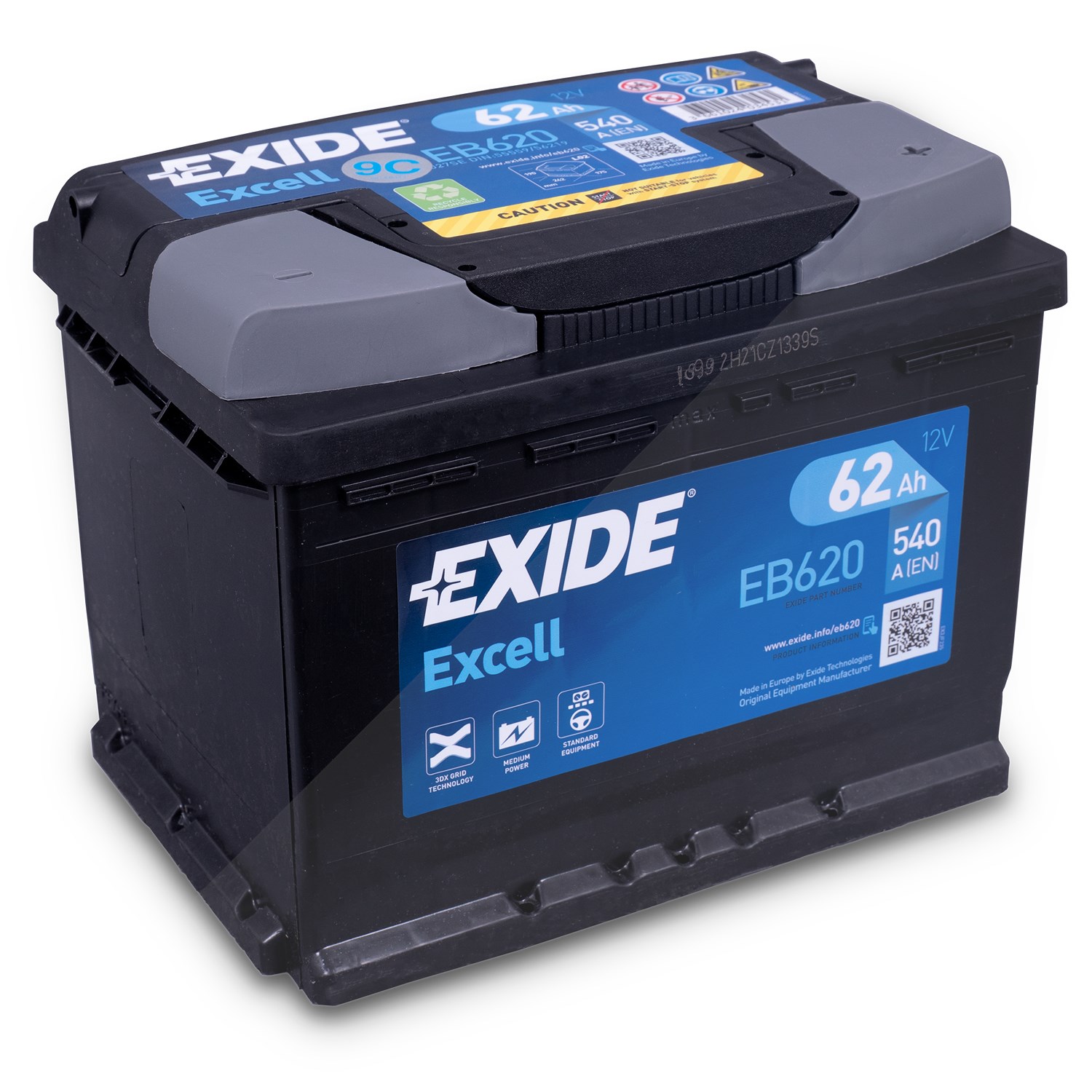 Exide Excell EB620 Starterbatterie 62Ah 540A [Hersteller-Nr. EB620] für Osca, Piaggio, Nissan, Jeep, Irmscher, Citroën, Puch, Ford Usa, Mazda, Opel, R