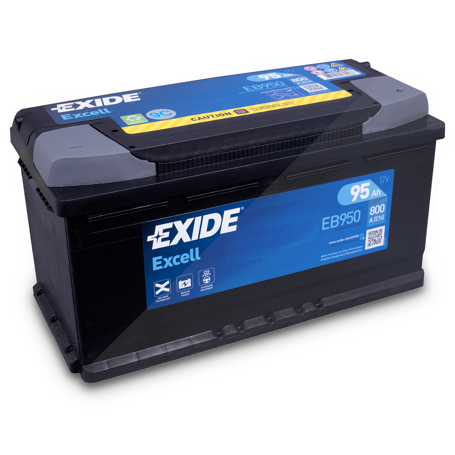 Exide Excell EB950 Starterbatterie 95Ah 800A [Hersteller-Nr. EB950] für Fiat, Renault, Iveco, Puch, Ferrari, Buick, Mg, Kia, Jaguar, Lotus, Chevrolet,