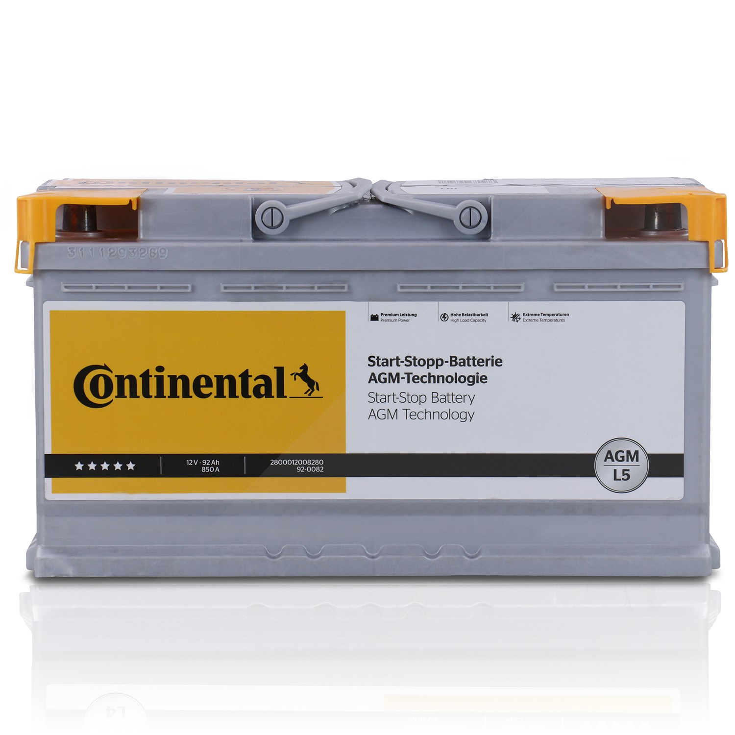 Continental Starterbatterie AGM L5 92Ah 850A [Hersteller-Nr. 2800012008280] für Toyota, Man, Porsche, Daewoo, Jeep, Seat, VW, Ssangyong, Chevrolet, Hy