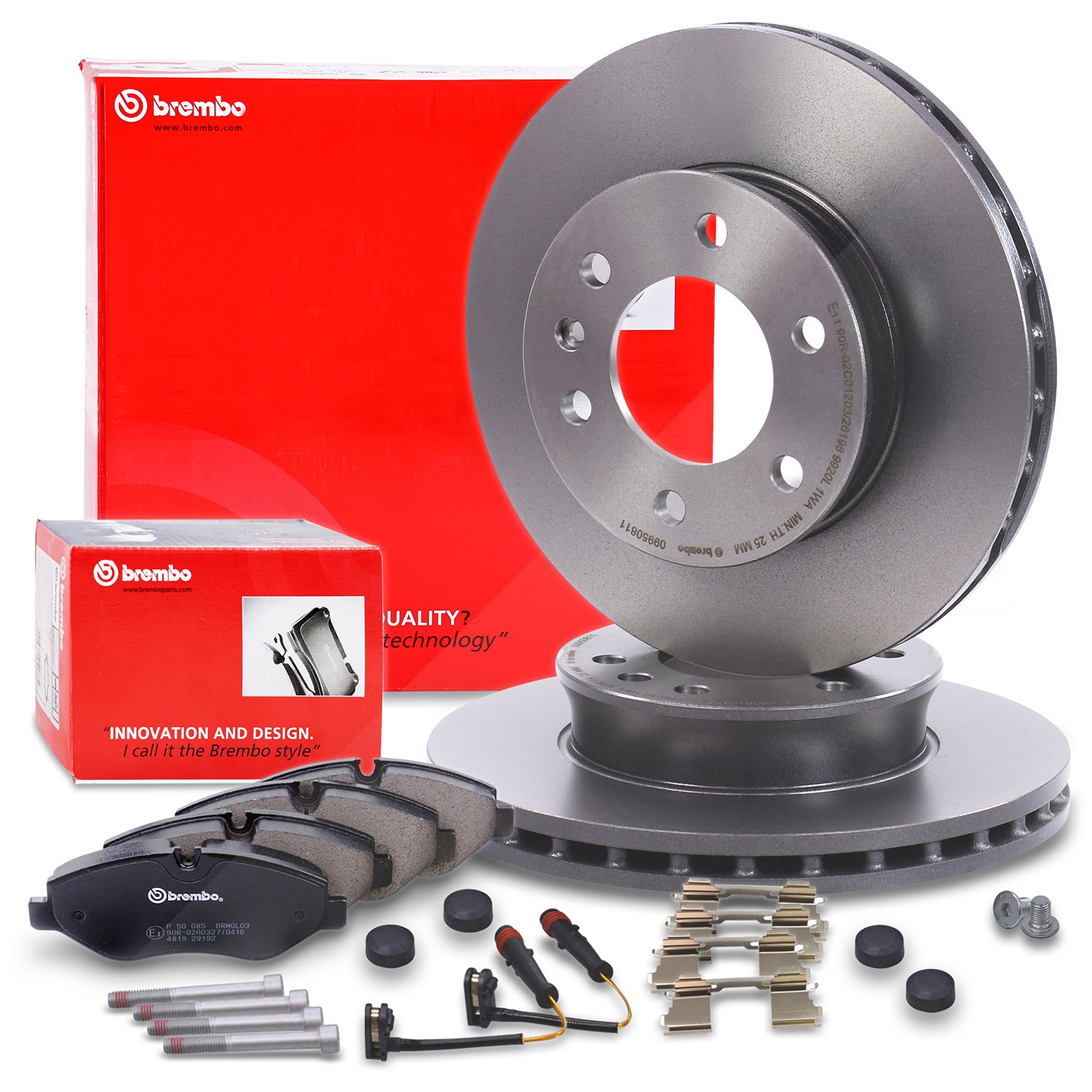 Brembo Bremsscheiben +Bremsbeläge mit Warnkontakt vorne [Hersteller-Nr. 40435333] für VW, Mercedes-Benz