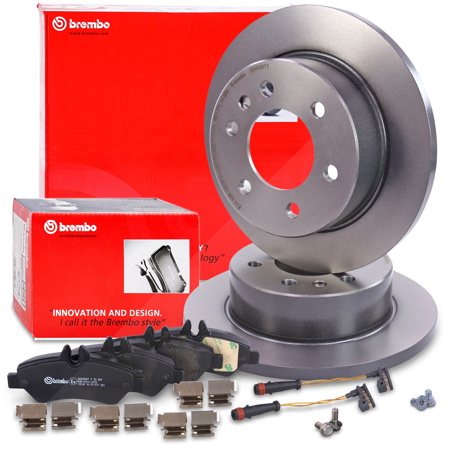 Brembo Bremsscheiben +Bremsbeläge mit Warnkontakt hinten [Hersteller-Nr. 40435335] für VW, Mercedes-Benz