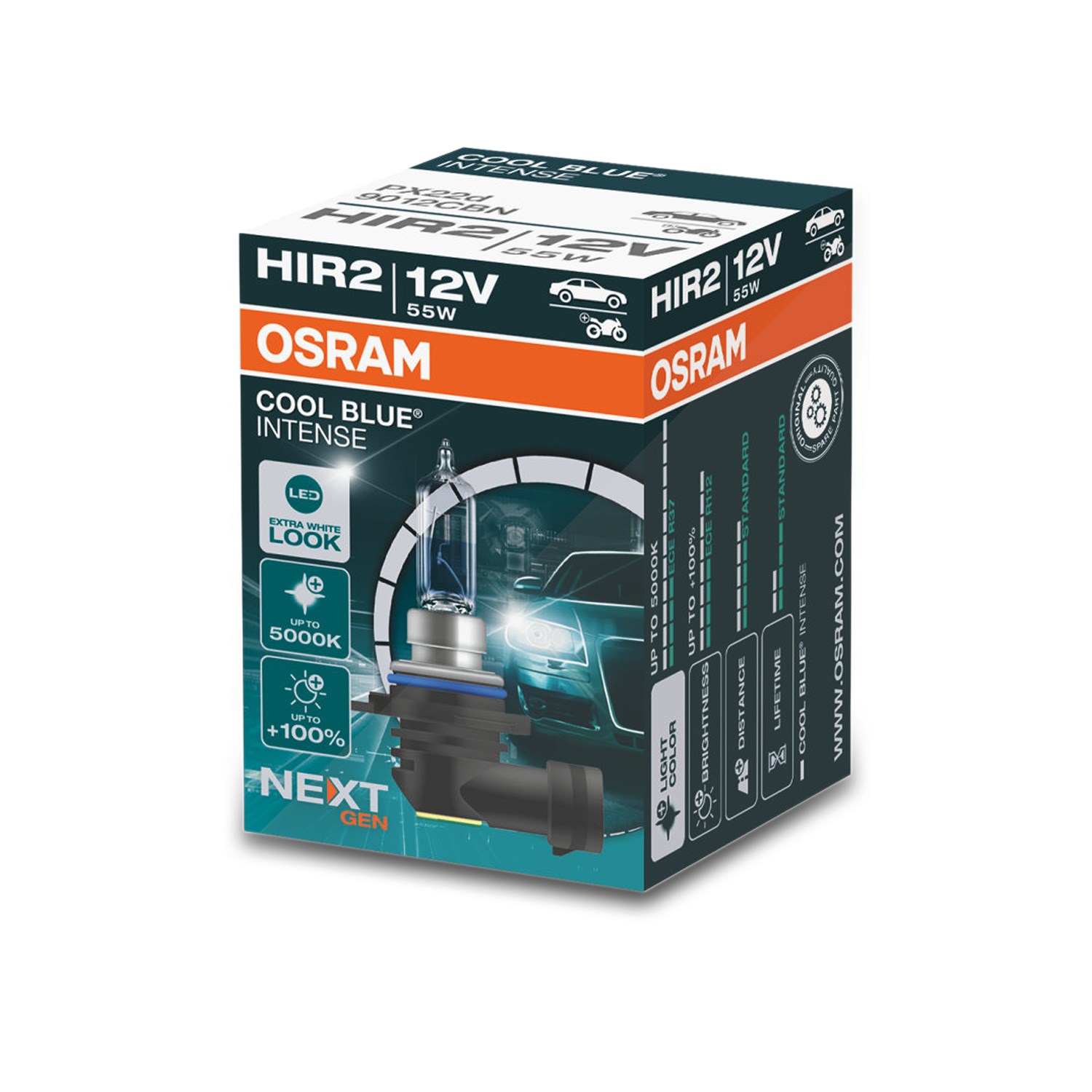 Osram HIR2 COOL BLUE® INTENSE Glühlampe (Next Gen) Faltschachtel [Hersteller-Nr. 9012CBN] für Chevrolet, Opel, Fiat, Chrysler, Jeep, Peugeot, Vauxhall