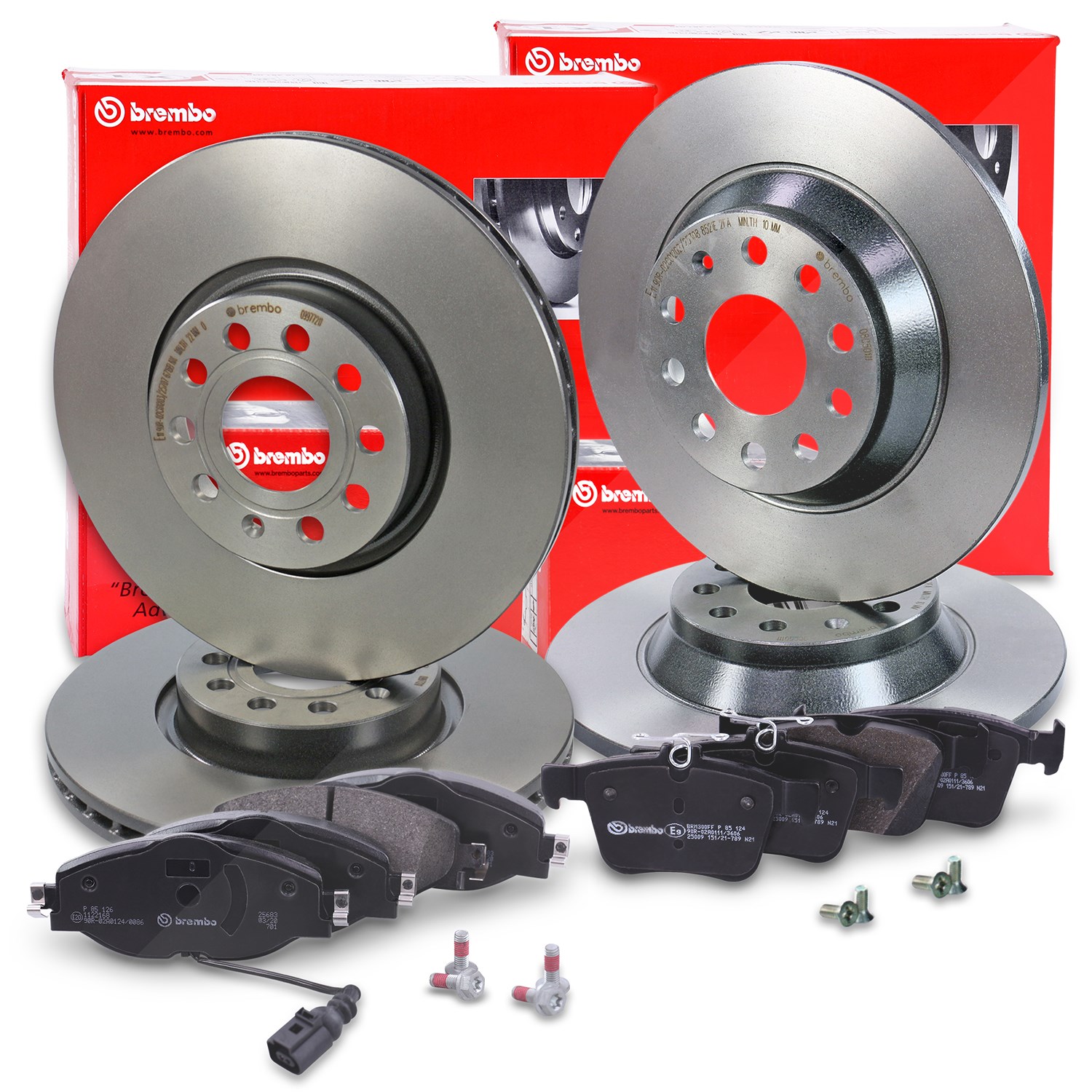 Brembo Bremsscheiben +Bremsbeläge vorne+hinten [Hersteller-Nr. 40436746] für Seat, Skoda, Audi, VW