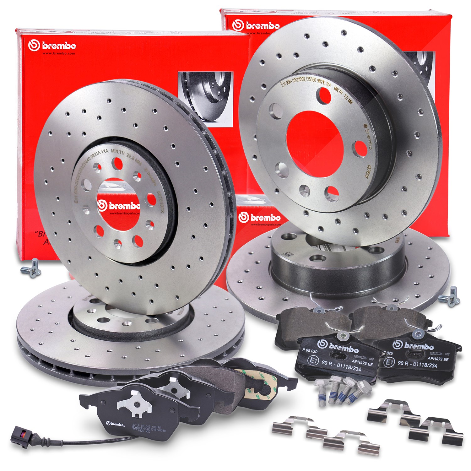 Brembo Bremsscheiben + Bremsbeläge vorne+hinten [Hersteller-Nr. 40438463] für Audi, Seat, Skoda, VW