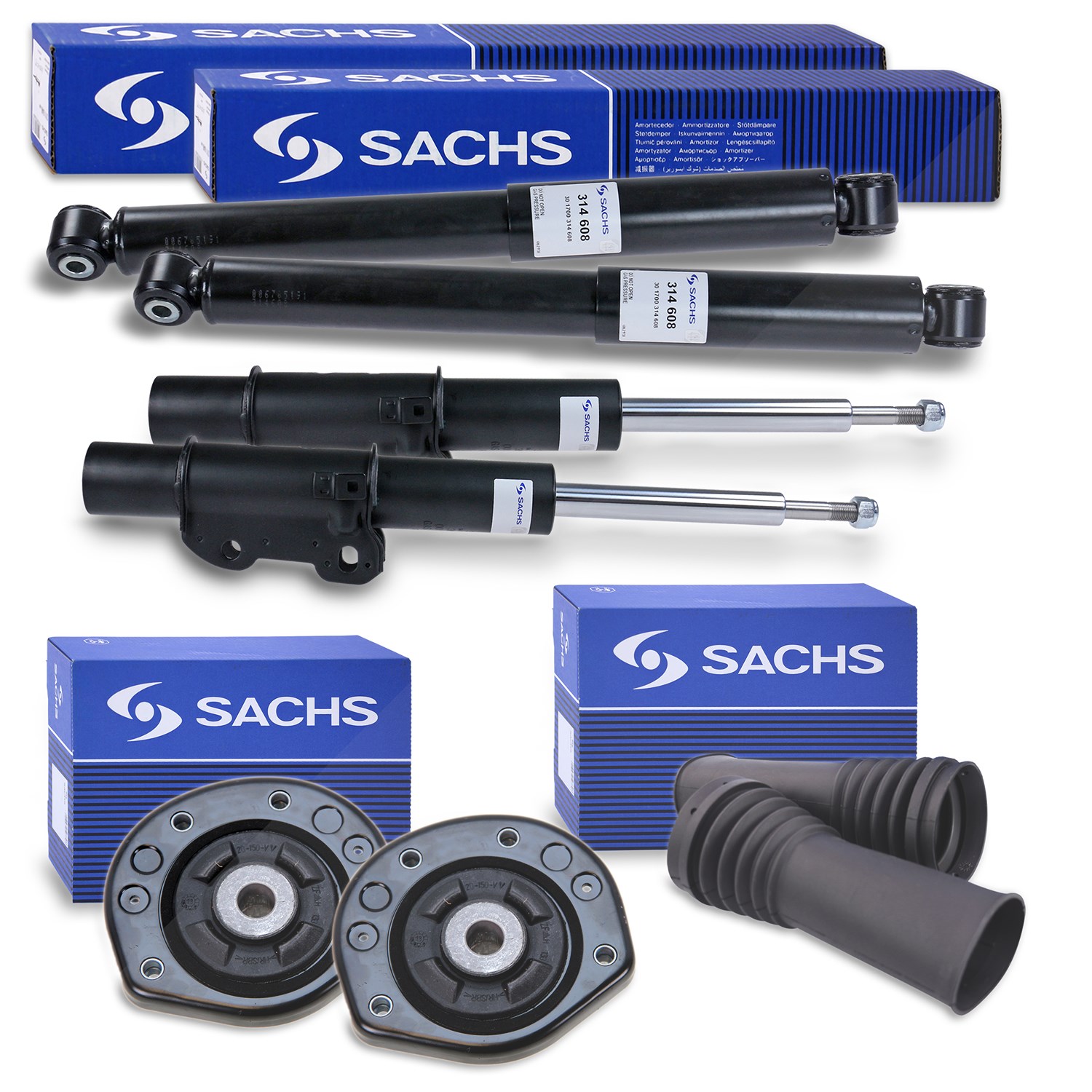 Sachs 4x Stoßdämpfer +2x Domlager + 1x Staubschutzsatz [Hersteller-Nr. 40438446] für VW, Mercedes-Benz