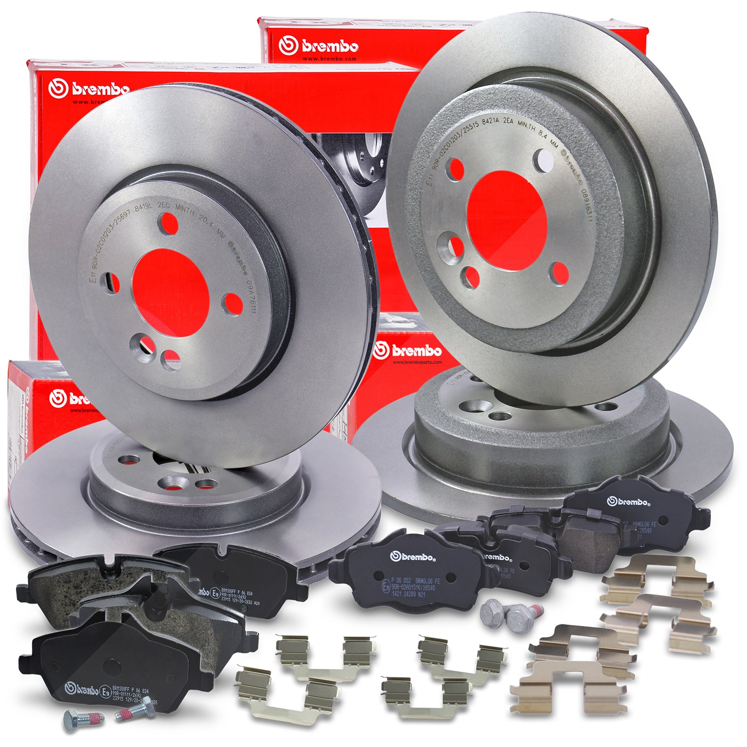 Brembo Bremsscheiben +Bremsbeläge vorne+hinten [Hersteller-Nr. 40438542] für Mini