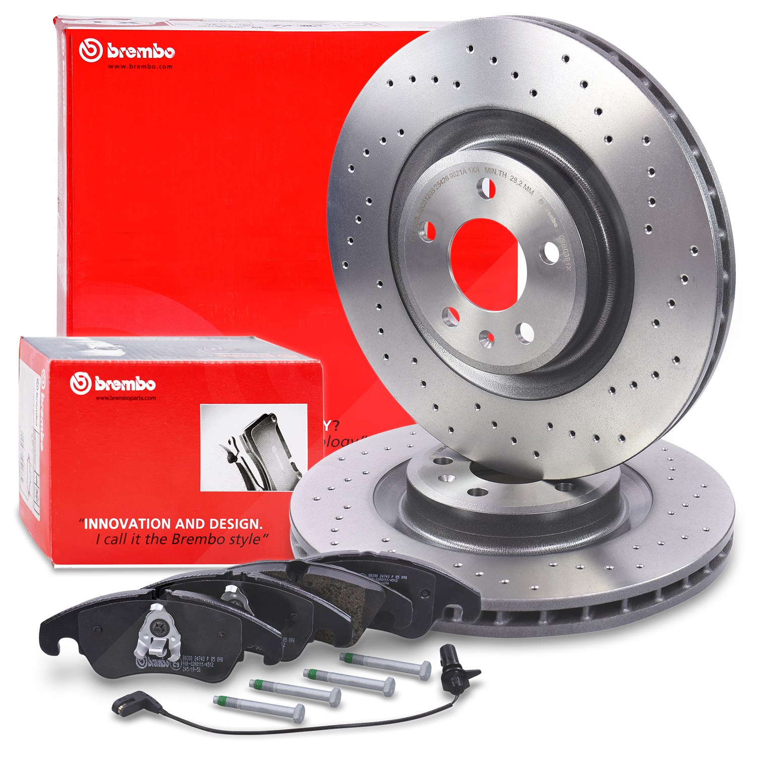 Brembo Bremsscheiben +Bremsbeläge mit Warnkontakt vorne [Hersteller-Nr. 40438739] für Audi