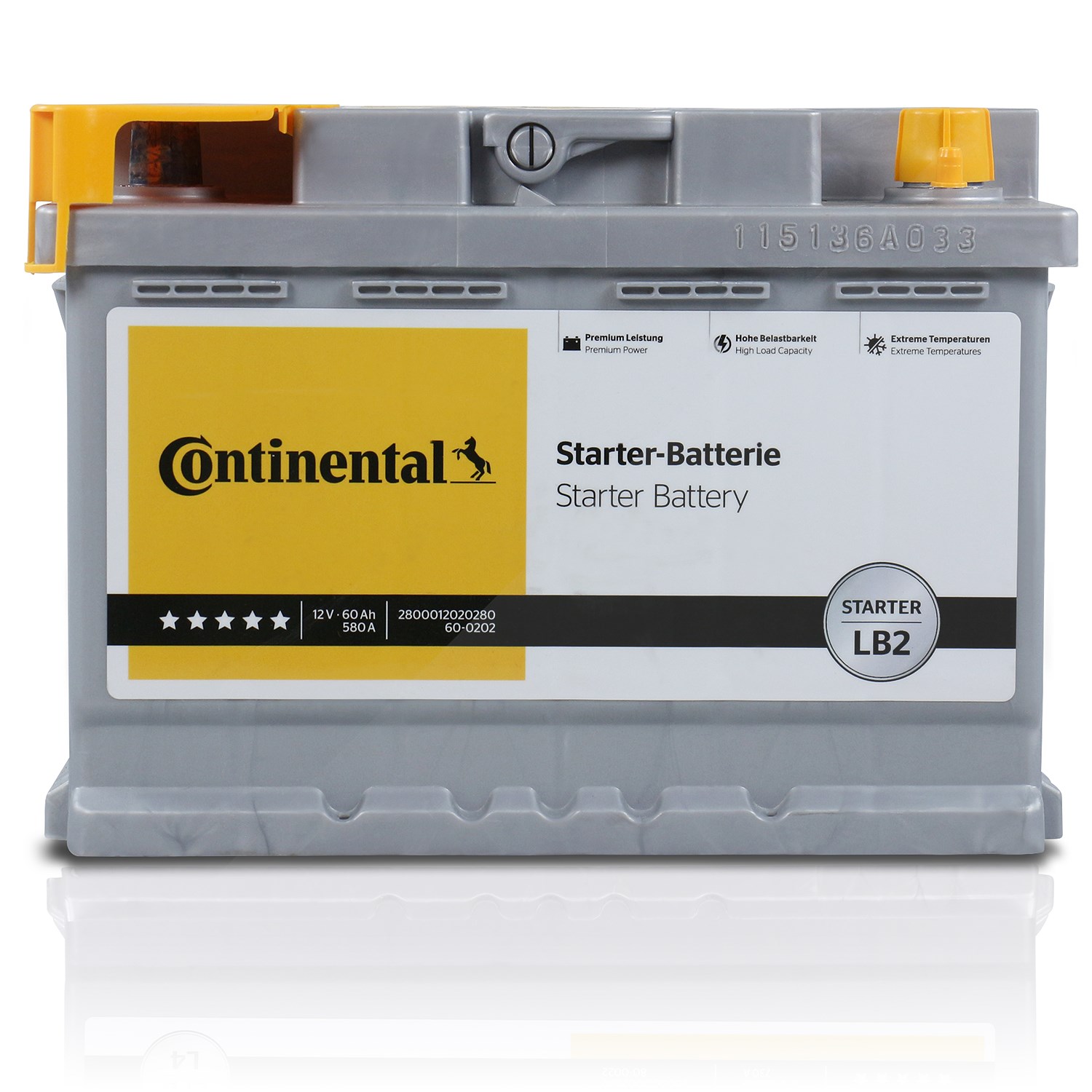 Continental Starterbatterie LB2 60Ah 580A [Hersteller-Nr. 2800012020280] für Ford Usa, Lotus, Lancia, Seat, Citroën, Jeep, Hyundai, Daimler, Ford, Aud