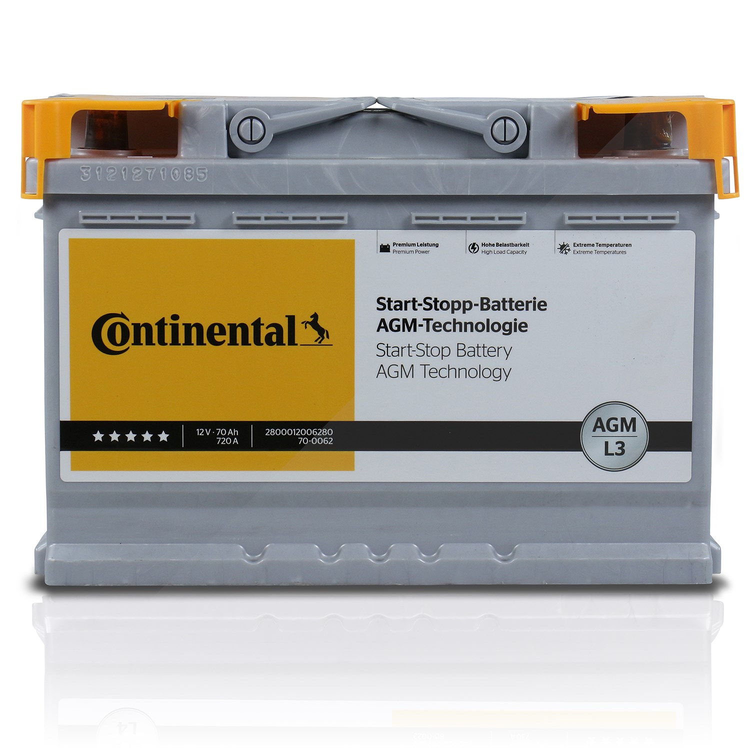 Continental Starterbatterie AGM L3 70Ah 720A [Hersteller-Nr. 2800012006280] für Vauxhall, Citroën, Cupra, Porsche, Nsu, Dacia, Saab, BMW, Land Rover,