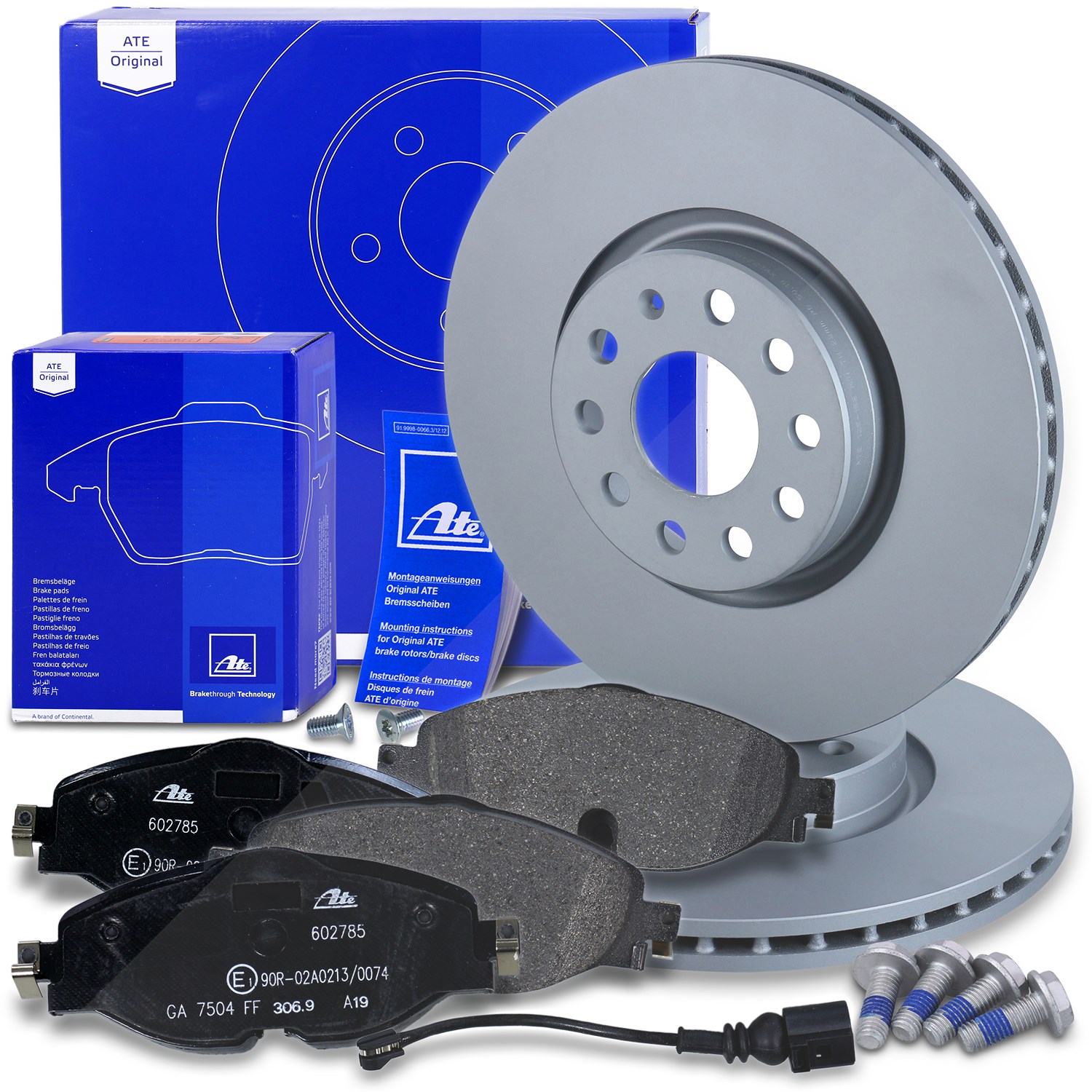 Ate Bremsscheiben +Bremsbeläge mit Warnkontakt vorne [Hersteller-Nr. 10698396] für Cupra, Skoda, Audi, VW, Seat