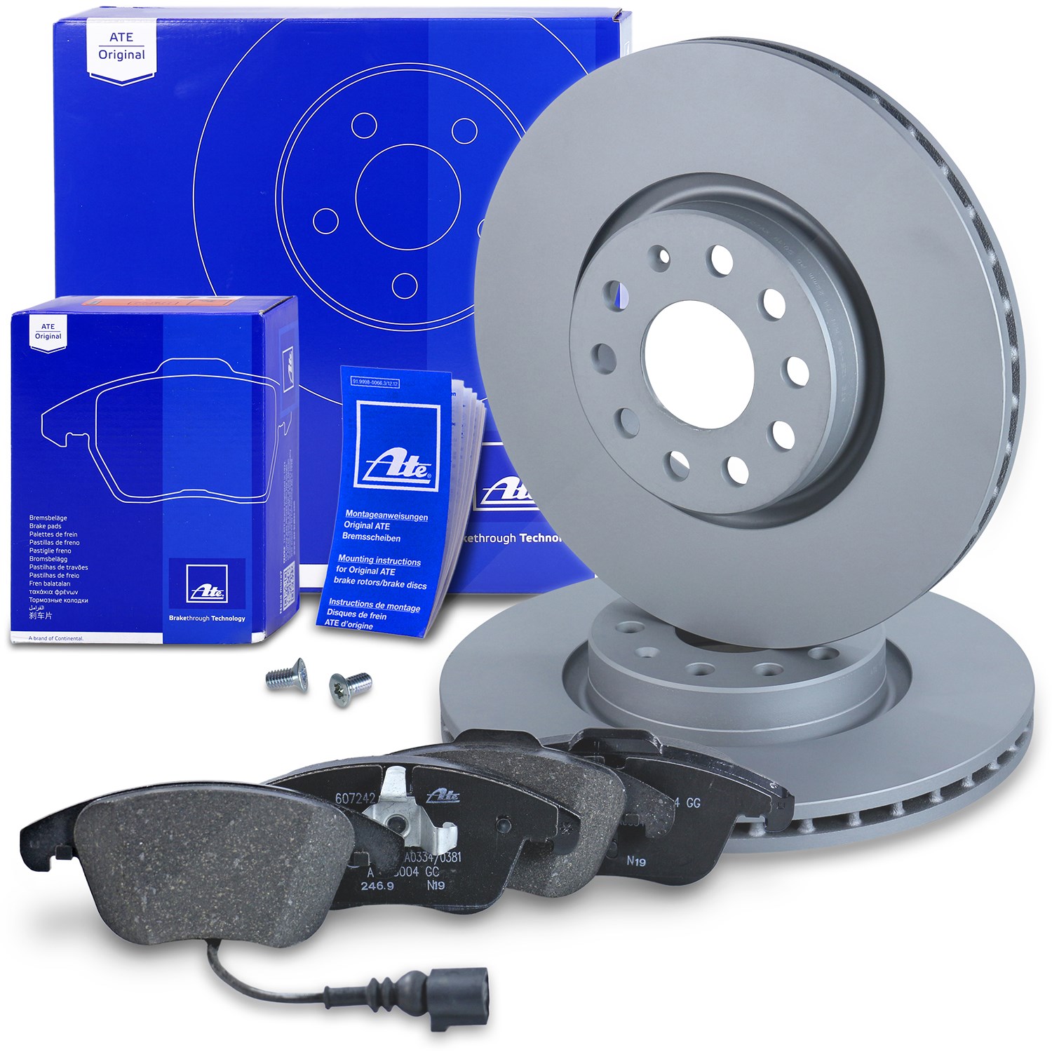 Ate Bremsscheiben +Bremsbeläge mit Warnkontakt vorne [Hersteller-Nr. 10698122] für VW, Audi, Seat