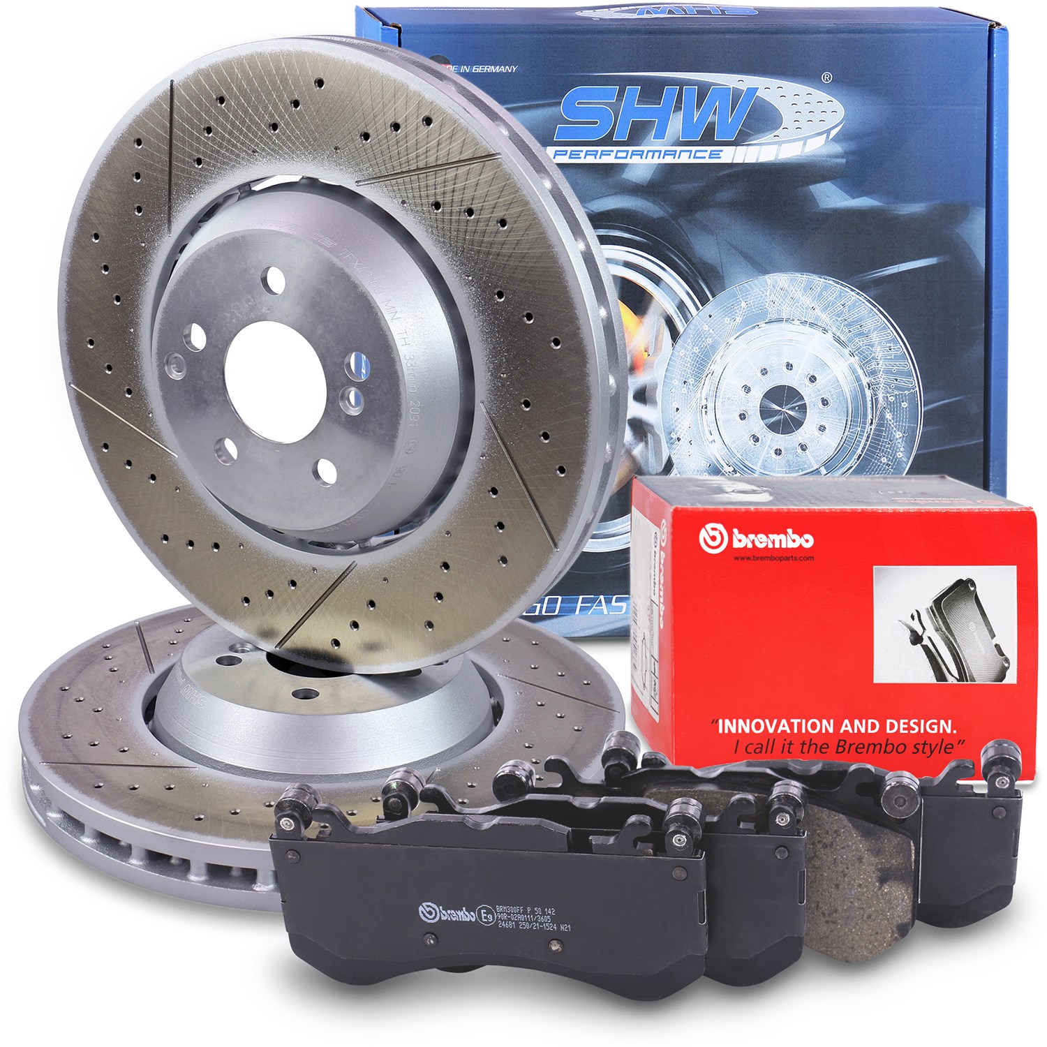 Shw Performance Bremsscheiben +Bremsbeläge vorne [Hersteller-Nr. 40435137] für Mercedes-Benz