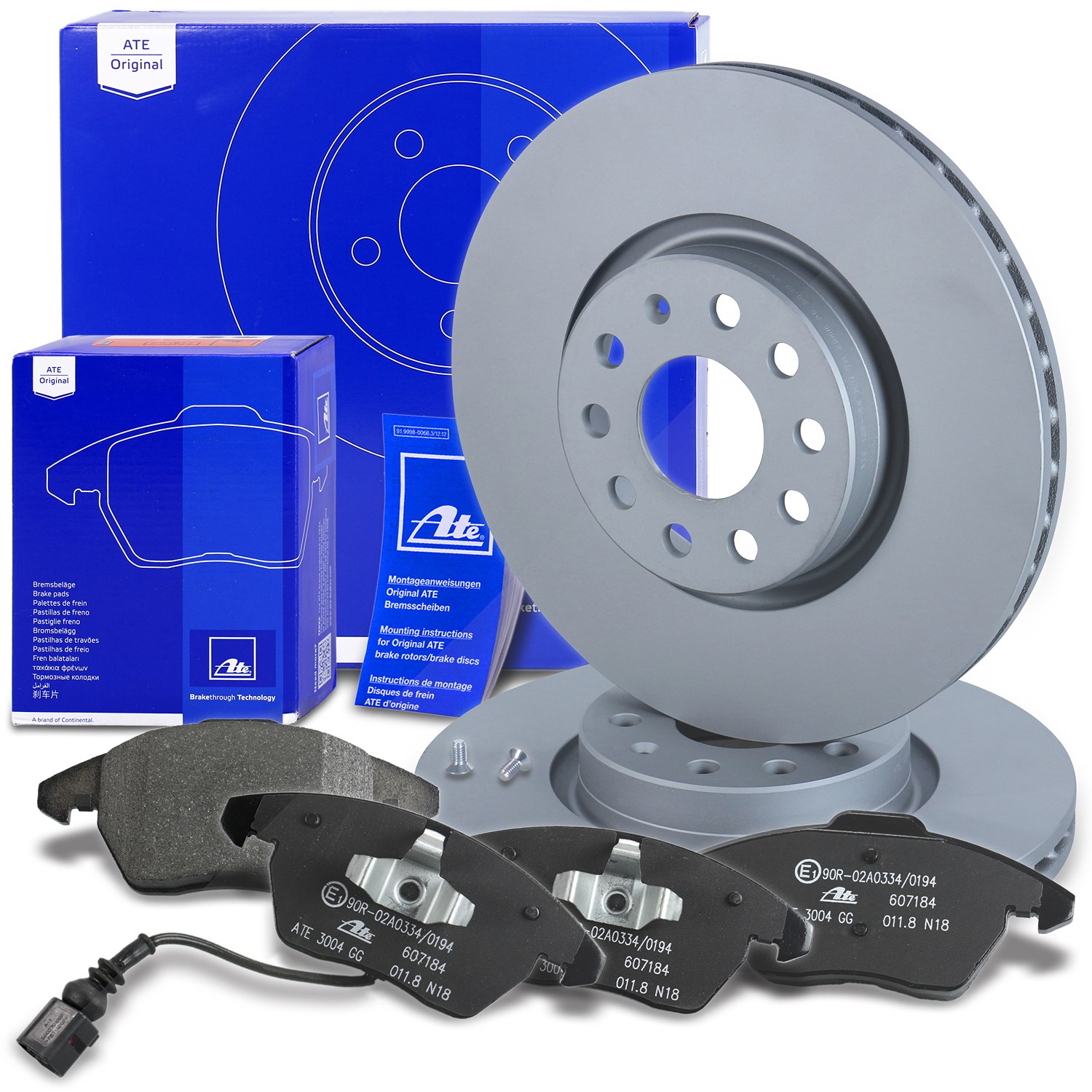 Ate Bremsscheiben +Bremsbeläge mit Warnkontakt vorne [Hersteller-Nr. 10696406] für VW, Audi, Seat, Skoda
