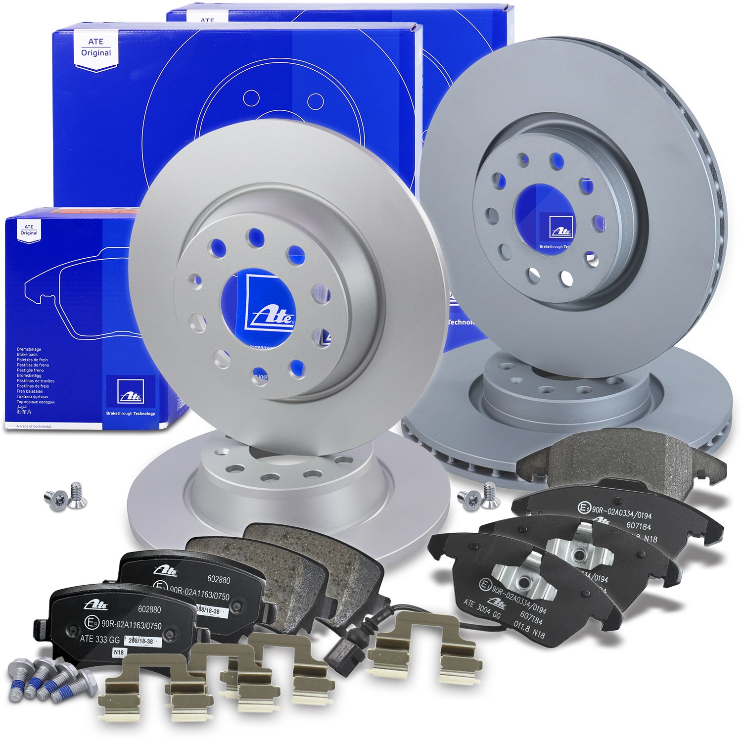 Ate Bremsscheiben + Bremsbeläge Vorne + Hinten [Hersteller-Nr. 10698296] für VW, Audi, Seat, Skoda