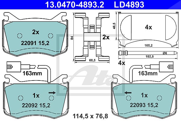 Ate CERAMIC Bremsbelagsatz mit Warnkontakt vorne [Hersteller-Nr. 13.0470-4893.2] für Alfa Romeo