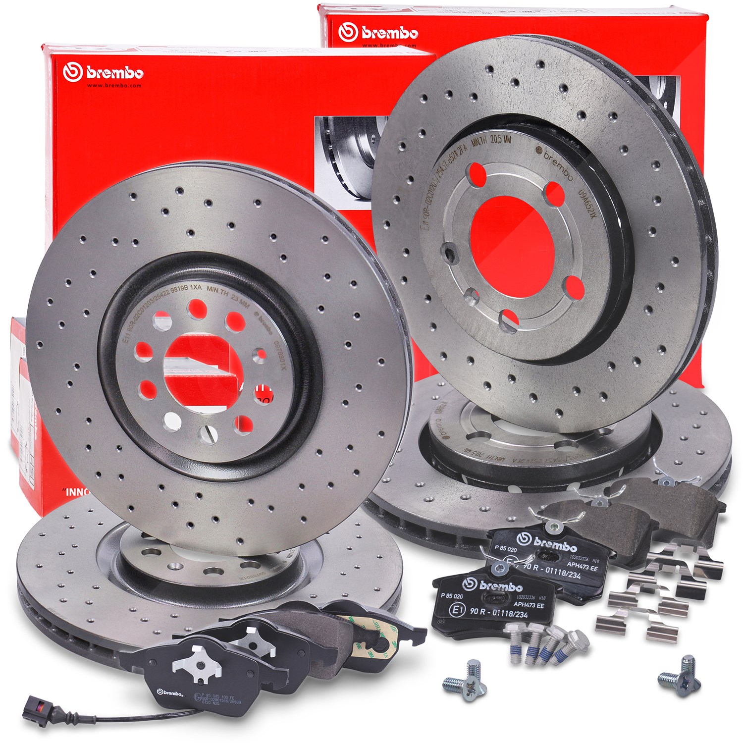 Brembo Bremsscheiben + Bremsbeläge vorne+hinten [Hersteller-Nr. 40438442] für VW, Seat, Audi, Skoda