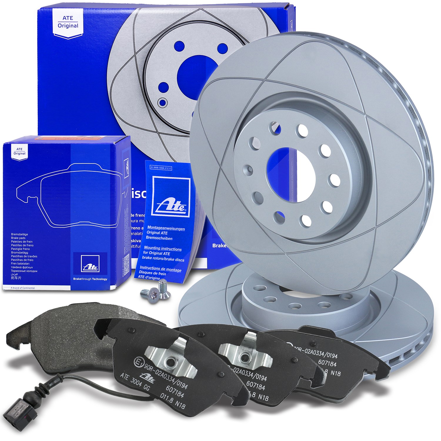 Ate POWERDISC Bremsscheiben +Bremsbeläge mit Warnkontakt vorne [Hersteller-Nr. 10696402] für VW, Skoda, Seat, Audi