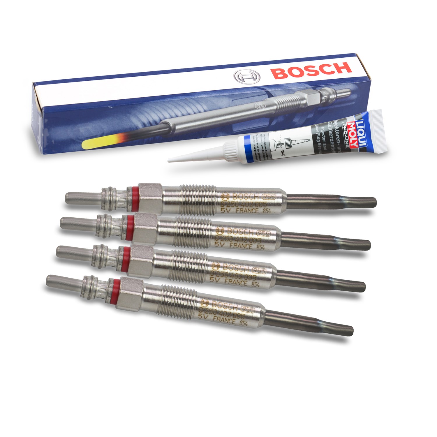 Bosch 4x Glühkerze + Glühkerzenfett [Hersteller-Nr. 40512915] für Seat, Skoda, VW, Audi