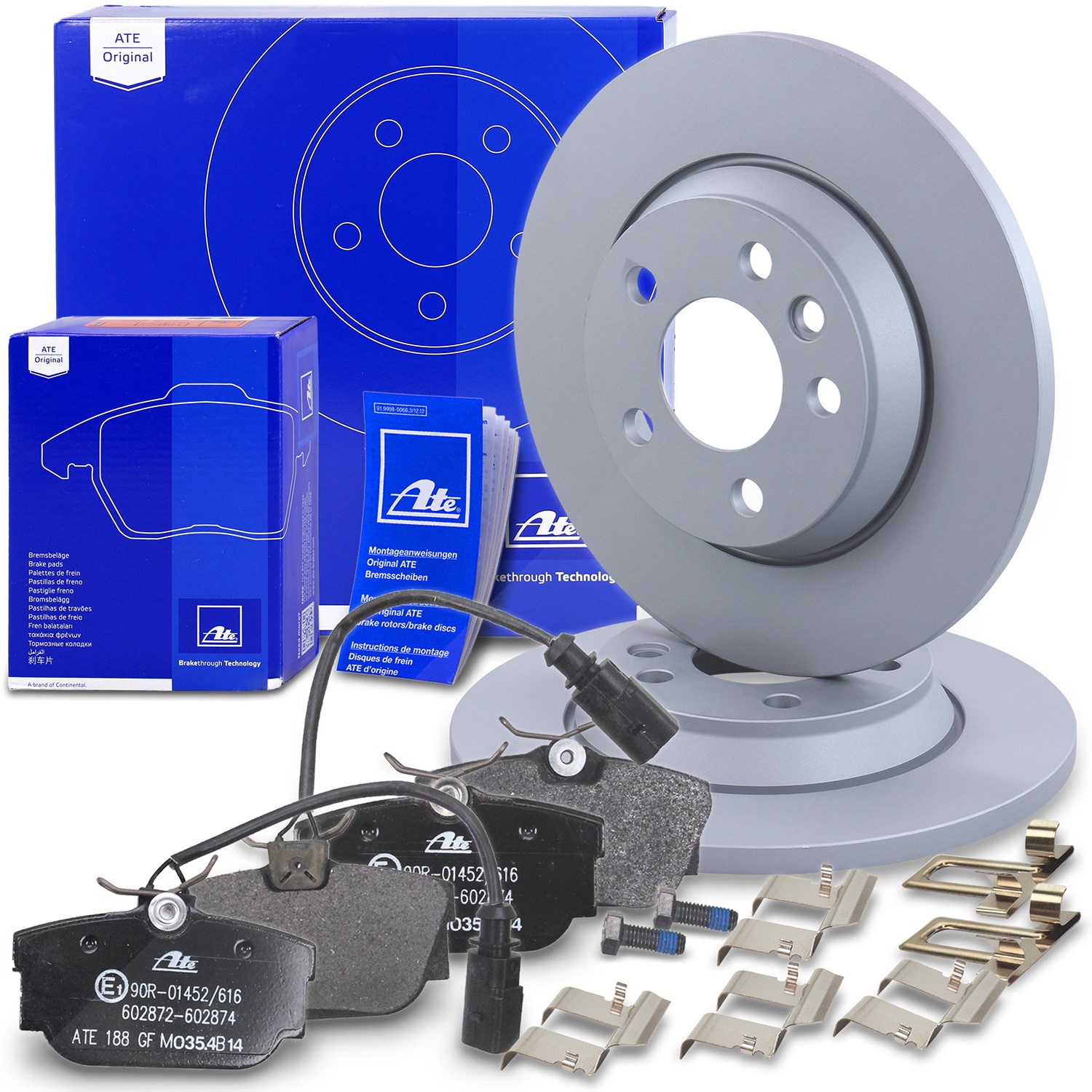 Ate Bremsscheiben +Bremsbeläge mit Warnkontakt hinten [Hersteller-Nr. 10696262] für Ford, VW, Seat