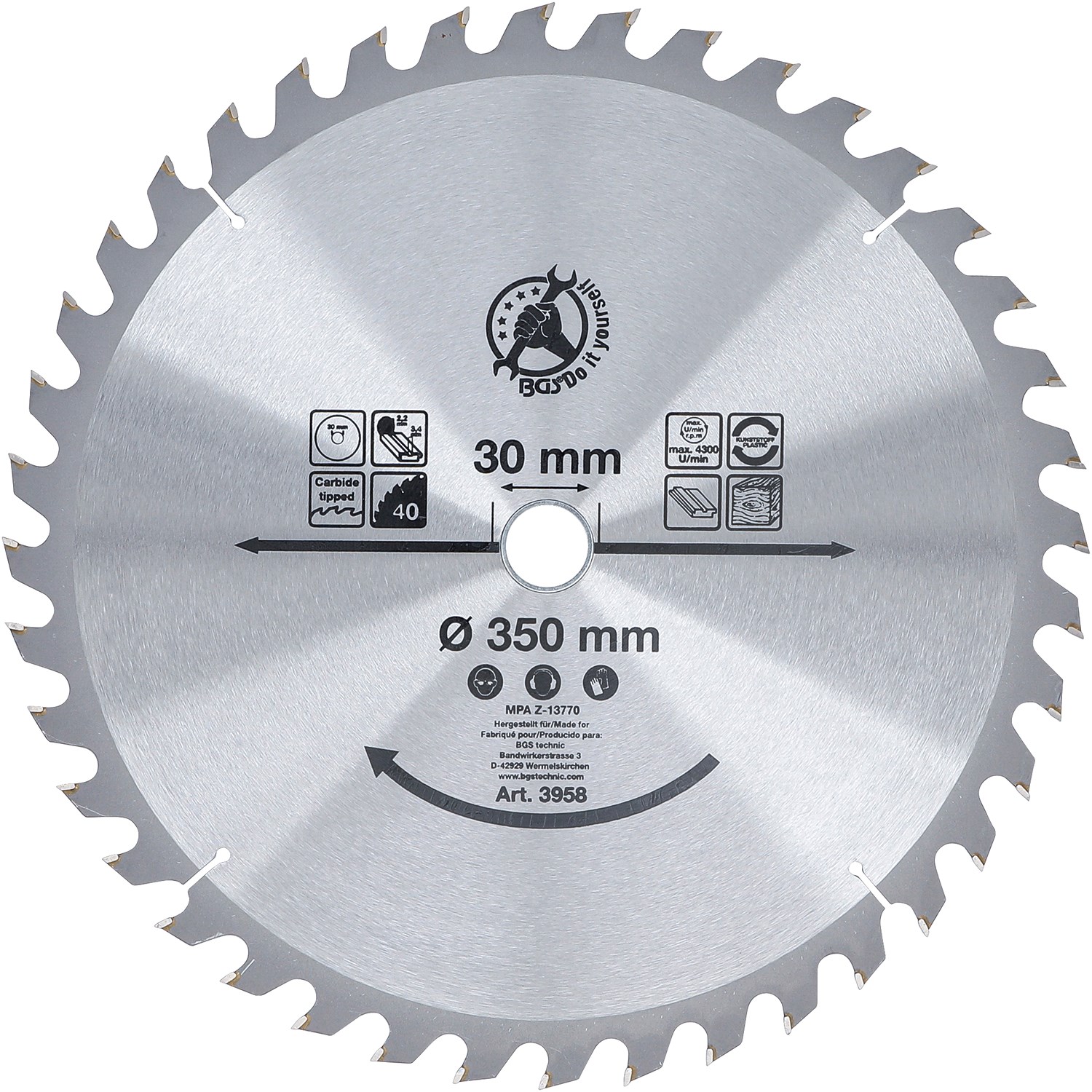 Bgs Do It Yourself Hartmetall-Kreissägeblatt, Ø 350 x 30 x 3,4 mm, 40 Zähne [Hersteller-Nr. 3958]