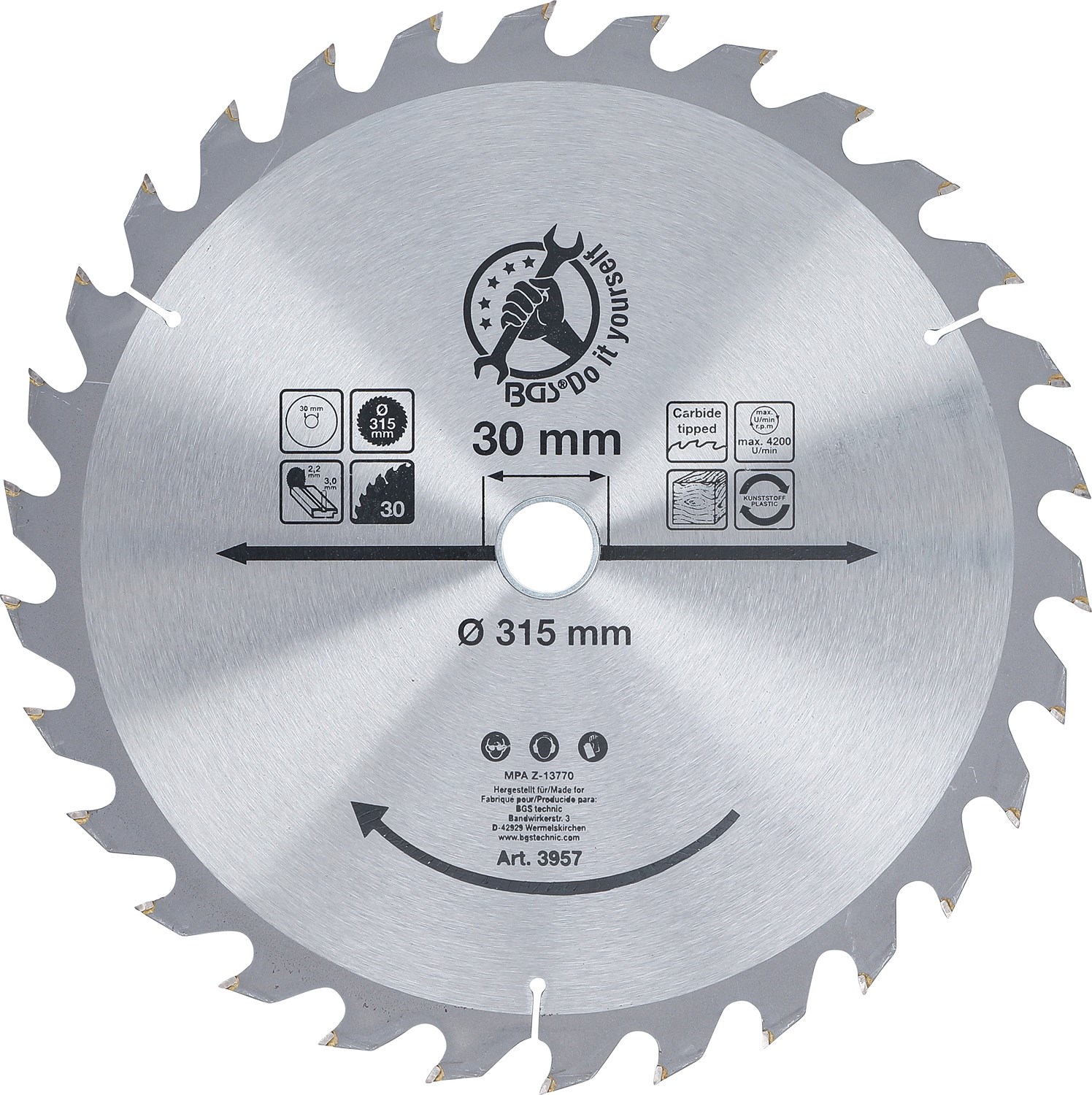 Bgs Do It Yourself Hartmetall-Kreissägeblatt, Ø 315 x 30 x 3,0 mm, 30 Zähne [Hersteller-Nr. 3957]