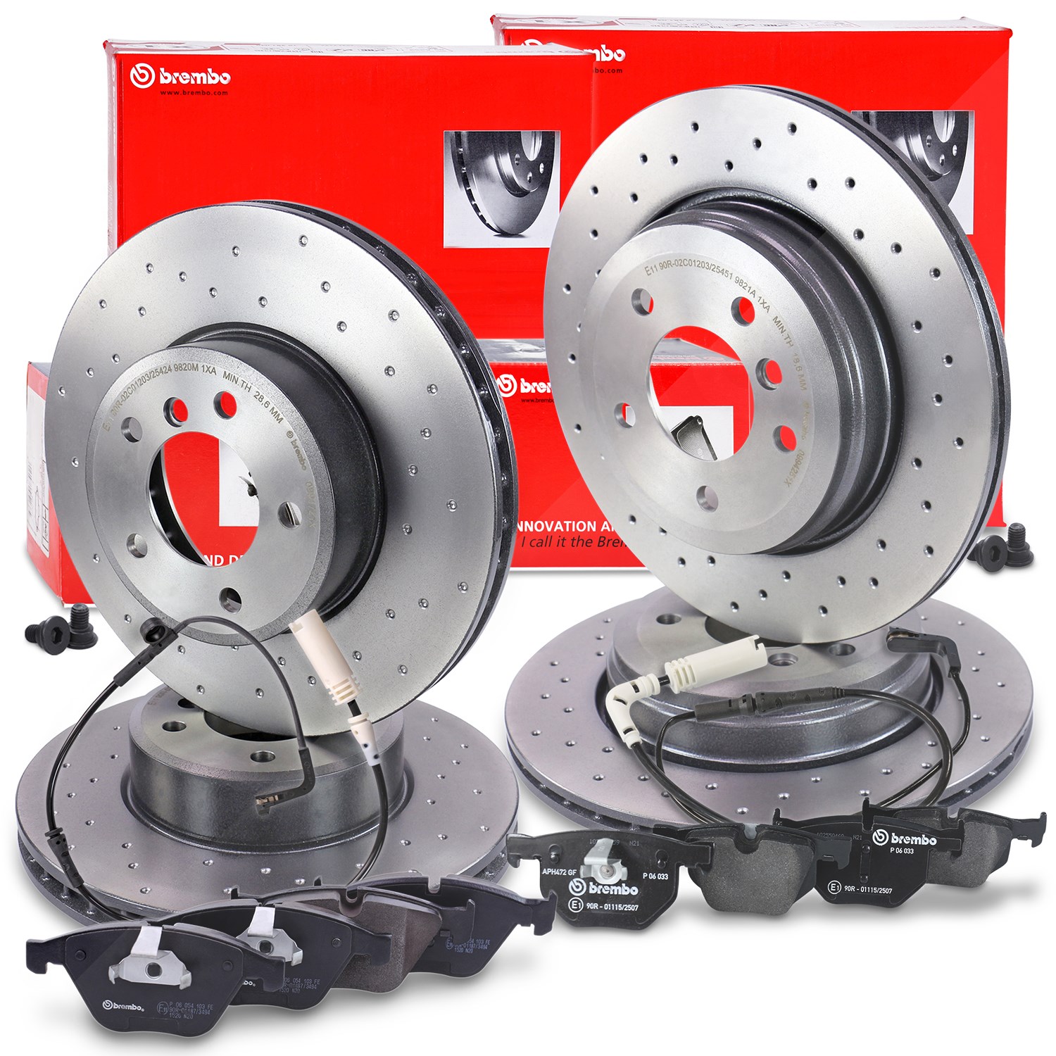 Brembo Bremsscheiben +Beläge +Warnkontakte vorne+hinten [Hersteller-Nr. 40438409] für BMW