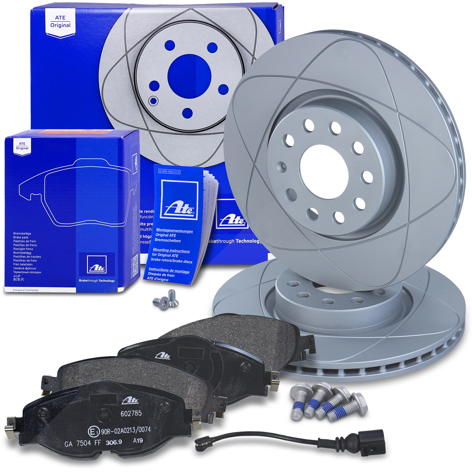 Ate POWERDISC Bremsscheiben +Bremsbeläge mit Warnkontakt vorne [Hersteller-Nr. 10698398] für VW, Seat, Skoda, Audi